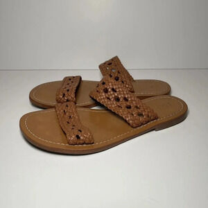 Souliers Martinez Brown Leather Woven Braided Two Strap Flat Sandals Size 39